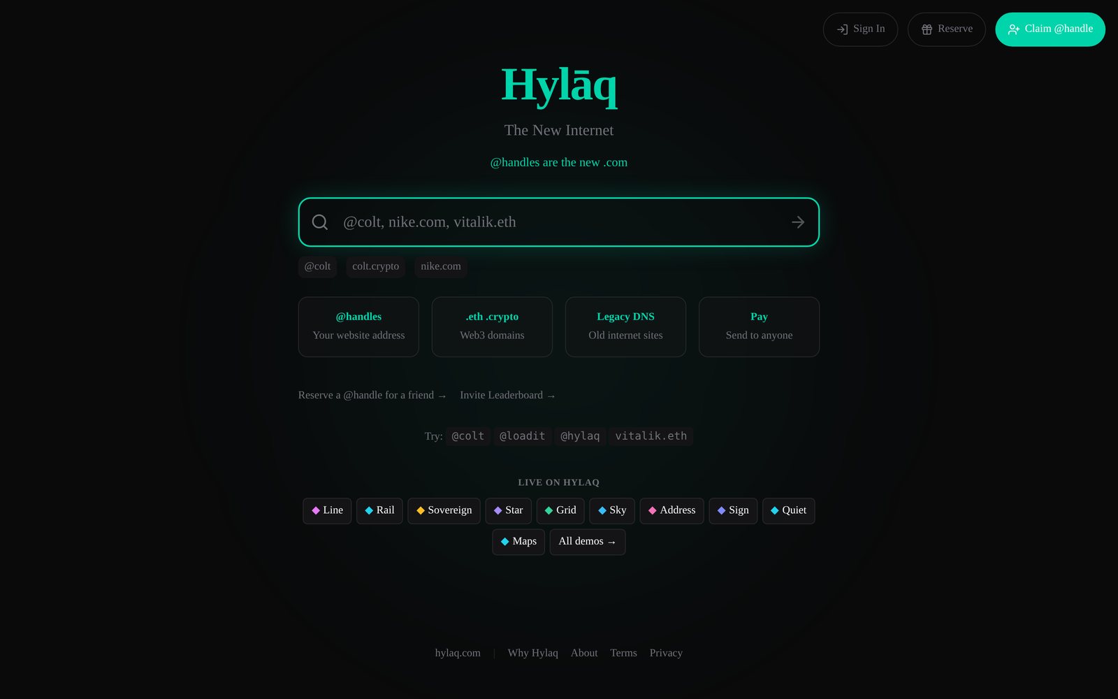 Hylaq.com homepage — The New Internet: claim an @handle, search @colt, web3 domains and legacy DNS unified