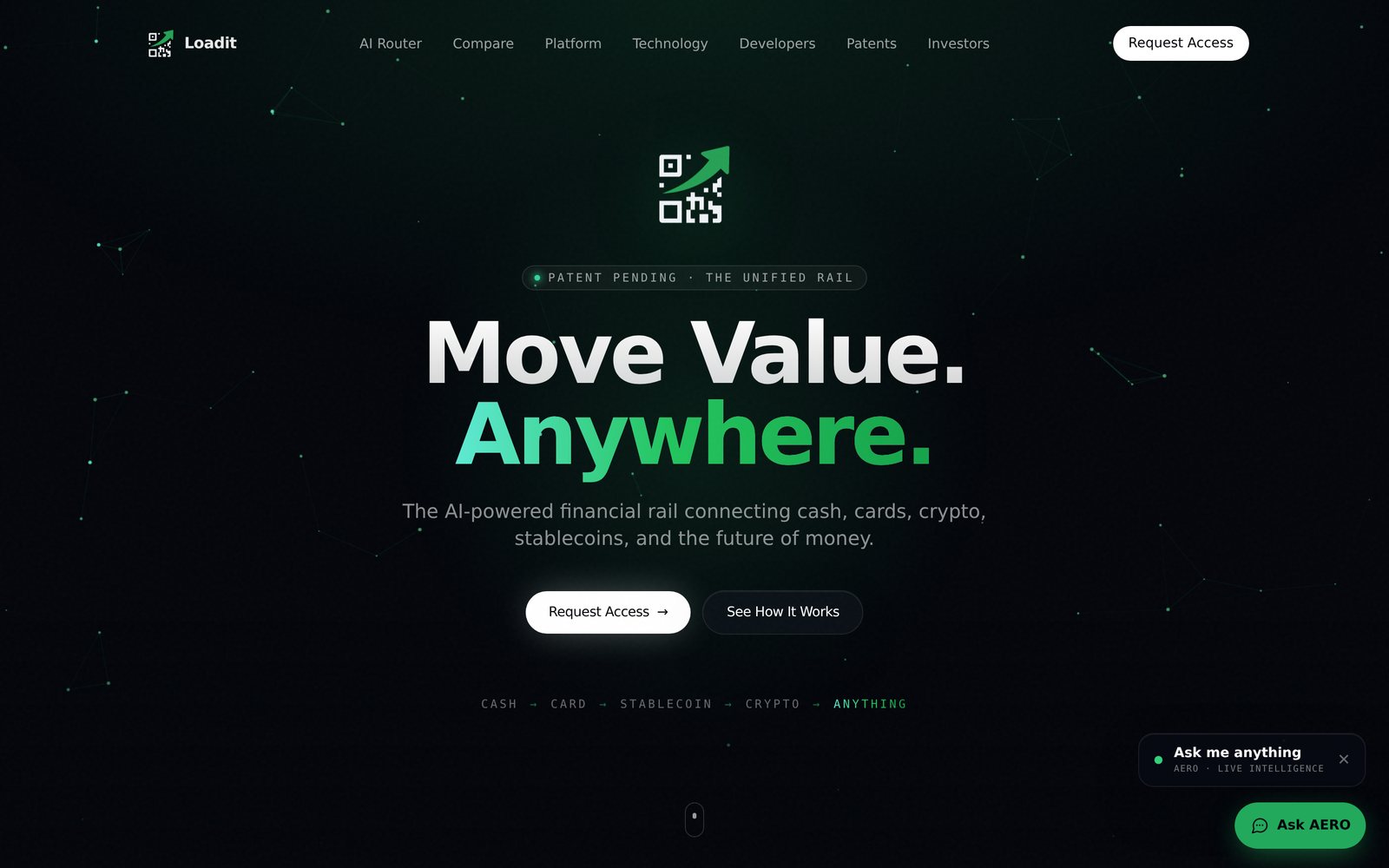 Loadit.net homepage — Move Value. Anywhere. The AI-powered financial rail connecting cash, cards, crypto and stablecoins
